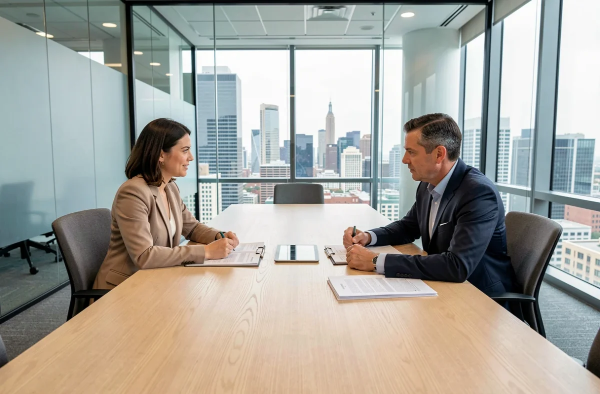 Réunion entre un consultant indépendant et un représentant d'une société de portage salarial dans une salle de réunion moderne