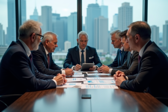 Groupe de cadres en réunion d'affaires avec table et tablette