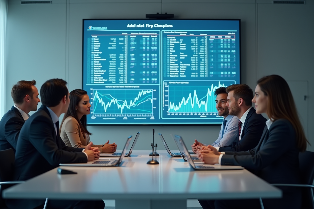 Equipe diverse en réunion avec tableau financier en fond