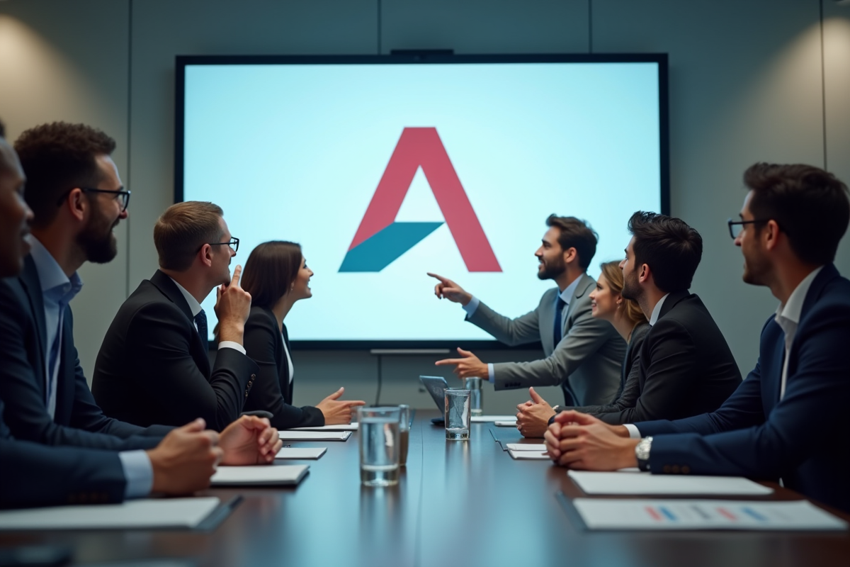 Groupe de professionnels discutant devant un logo A