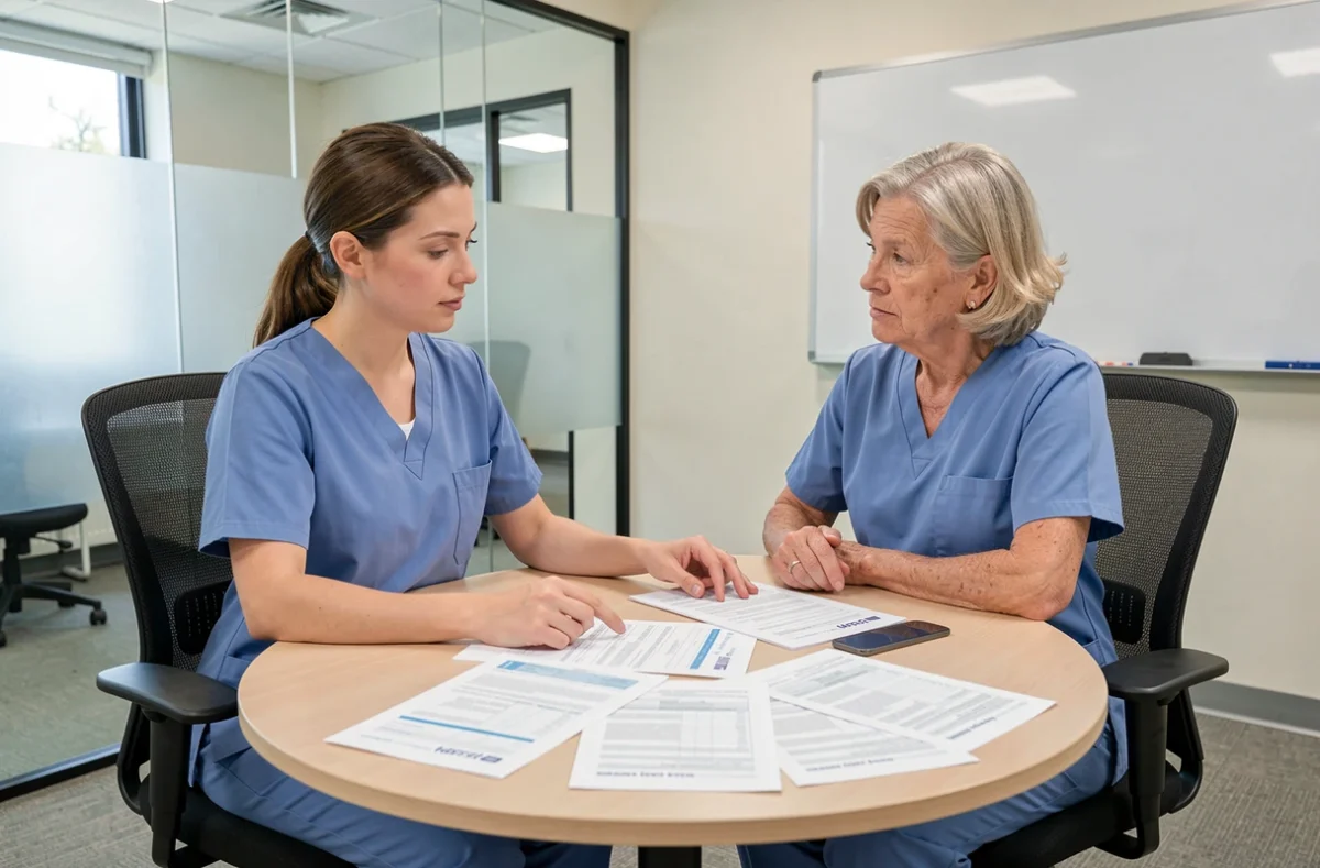 Deux professionnelles de santé discutant des augmentations de salaire prévues par la CCN 51 en 2026 lors d'une réunion