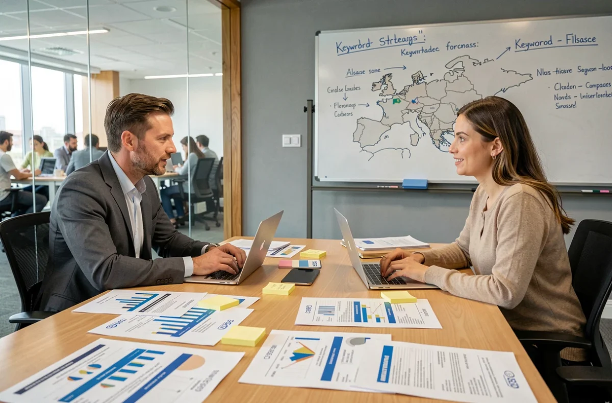 Deux professionnels du marketing digital en réunion stratégique autour d'un rapport SEO Alsace dans une agence web moderne