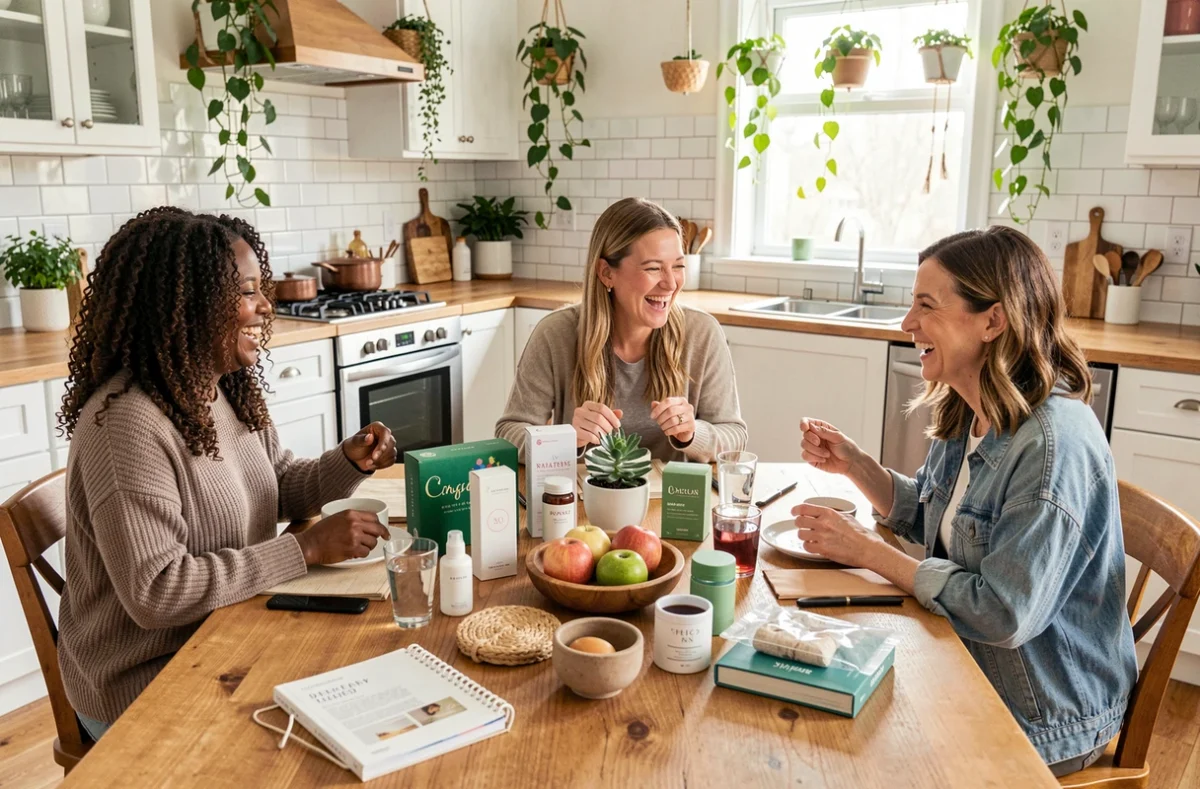 Groupe de femmes lors d'une réunion de vente à domicile autour de produits tendance 2026