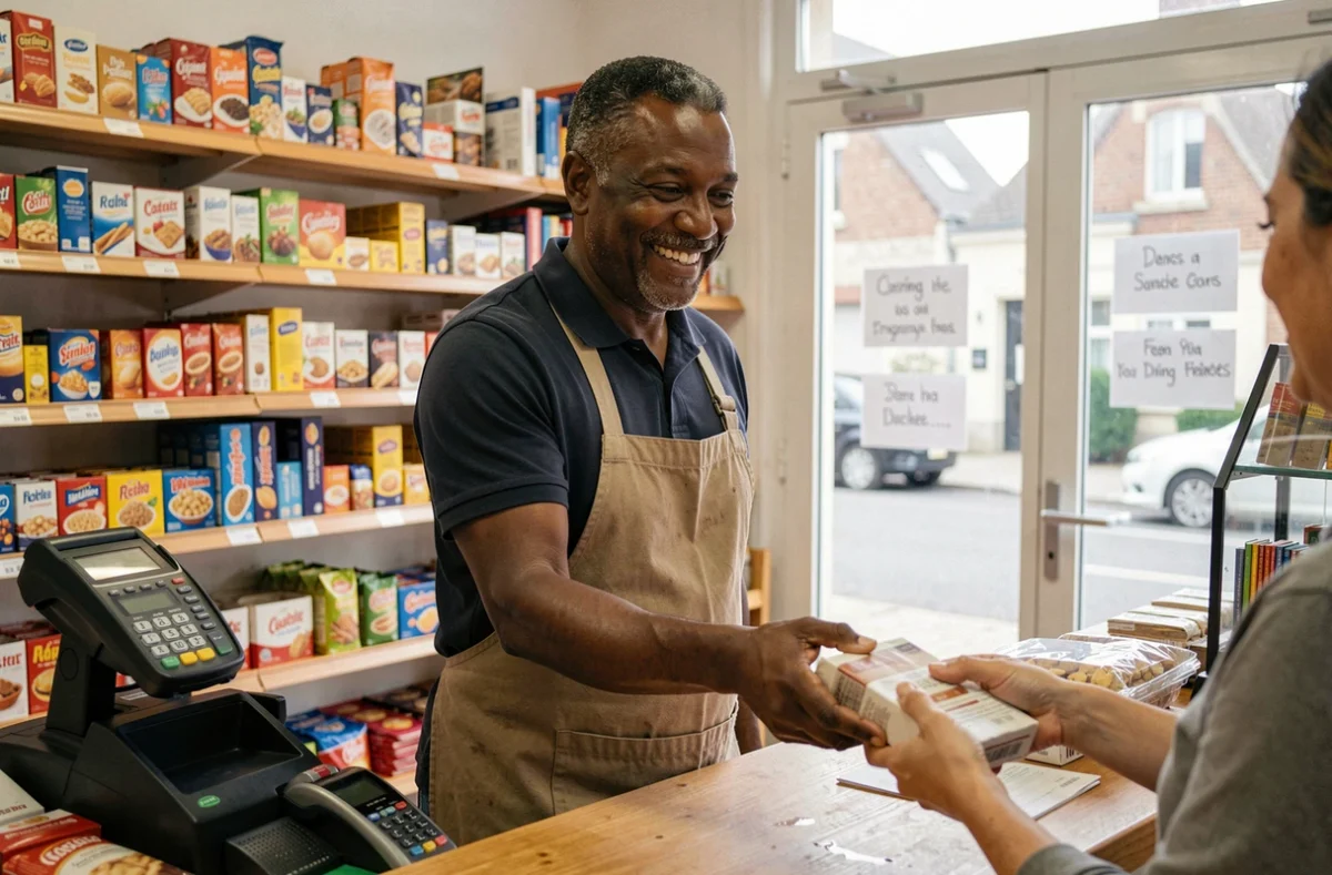 Commerçant sourit derrière le comptoir de RIM 2 Multiservices à Rennes, entouré de produits de première nécessité et d'un terminal de transfert d'argent
