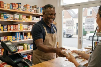 Commerçant sourit derrière le comptoir de RIM 2 Multiservices à Rennes, entouré de produits de première nécessité et d'un terminal de transfert d'argent