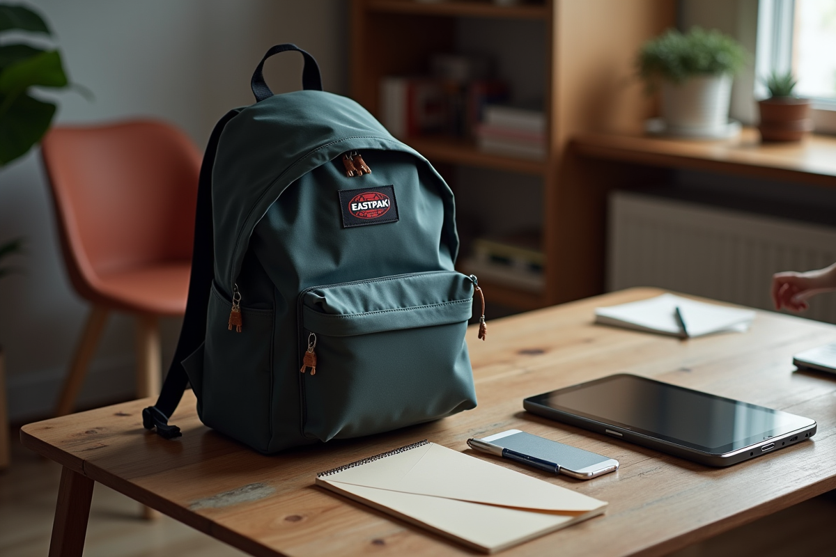 Sac Eastpak ouvert avec accessoires sur un bureau chaleureux