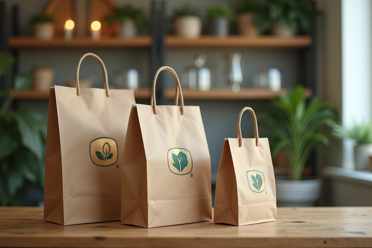Gros plan de sacs en papier kraft personnalisés avec logo doré dans un salon de beauté ou boutique artisanale