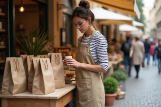 Vendeuse de marché artisanal disposant des sacs en papier personnalisés sur un étal en bois avec produits faits main