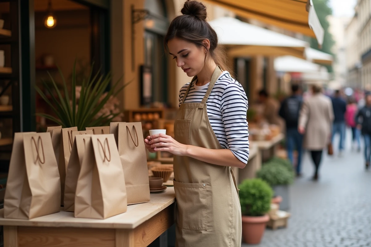 Vendeuse de marché artisanal disposant des sacs en papier personnalisés sur un étal en bois avec produits faits main