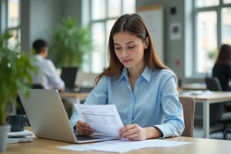 Salariée consultant sa fiche de paie sur un logiciel de paie en ligne dans un bureau moderne
