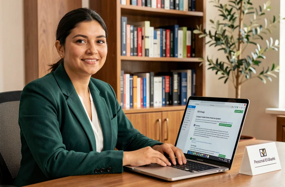 Consultante SEO Sarah El Gharbi en blazer vert émeraude dans son bureau privé avec bibliothèque de marketing digital en arrière-plan