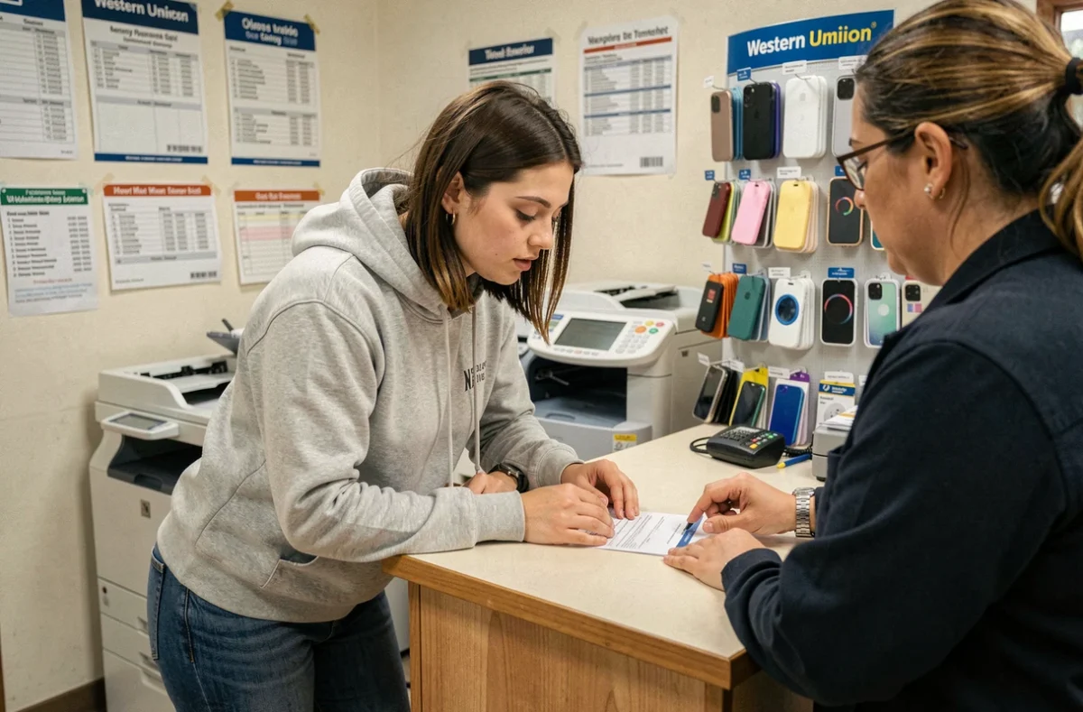 Cliente effectuant un transfert d'argent Western Union au comptoir de RIM 2 Multiservices à Rennes, avec photocopieuse et accessoires téléphoniques en arrière-plan