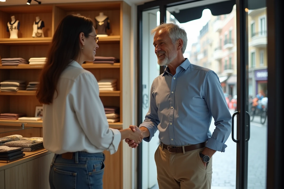 Homme et femme se serrant la main dans une boutique chic