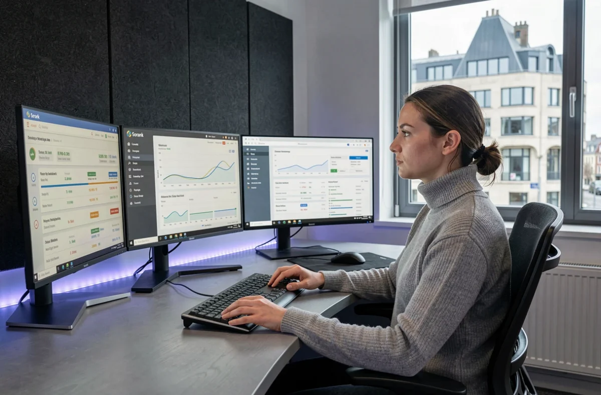 Analyste SEO de Sorank en pull col roulé gris travaillant sur trois écrans affichant des plateformes d'analyse de référencement avec vue sur Le Havre