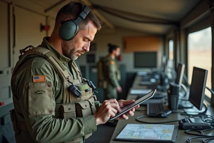 Spécialiste des communications tactiques militaires ajustant un casque radio dans un centre de commandement mobile équipé de terminaux chiffrés