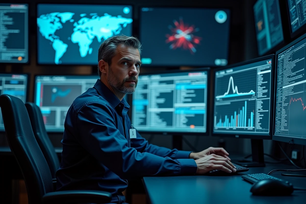 Technicien en centre d'opérations de communications sécurisées travaillant sur des systèmes de communication tactique chiffrée
