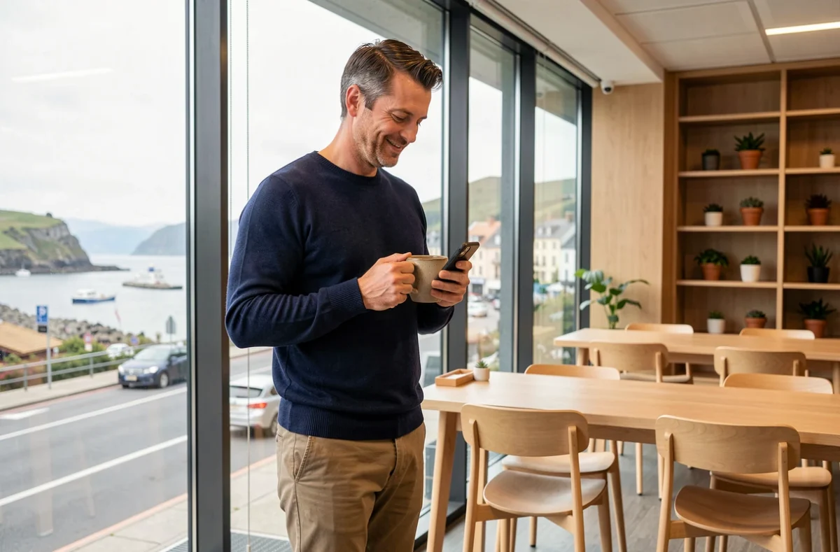 Travailleur indépendant en pause café dans un espace de coworking avec vue sur Anglet