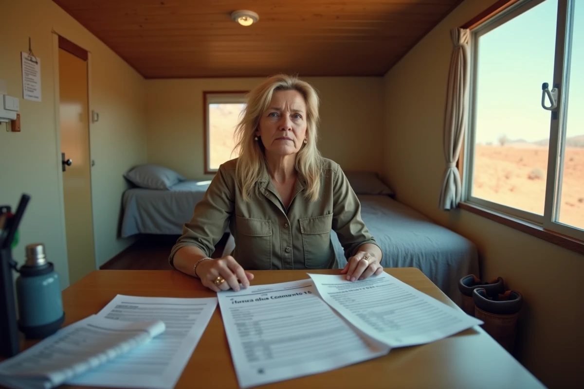 Travailleuse mini&egrave;re &eacute;tudiant son contrat dans un logement de camp minier en Australie