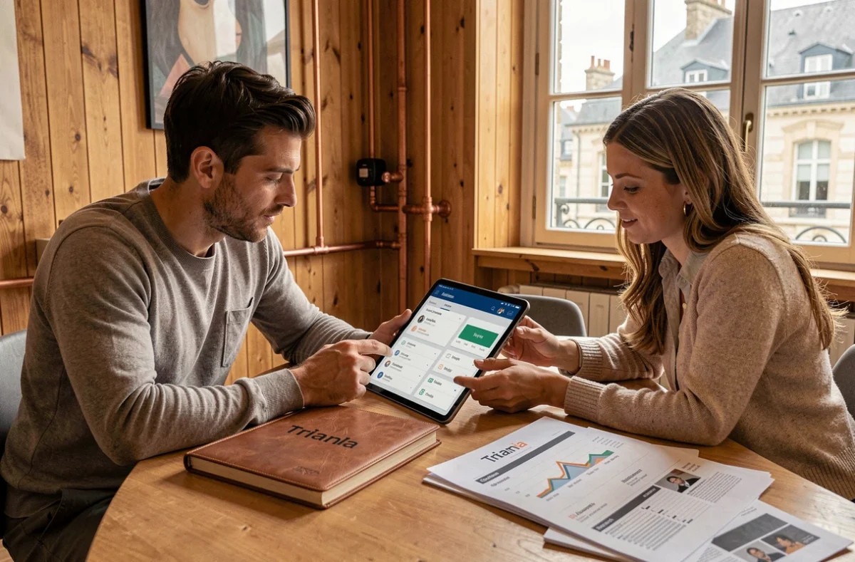Deux professionnels de l'agence Triaina analysant un tableau de bord SEO sur tablette dans un espace de travail chaleureux avec vue sur Caen