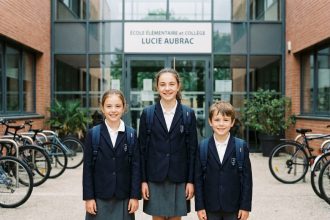 Trois enfants en uniforme scolaire devant une école française