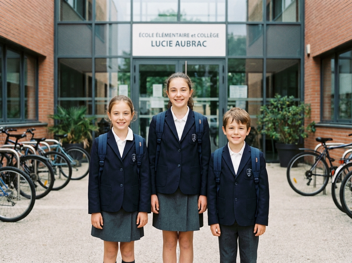 Trois enfants en uniforme scolaire devant une école française
