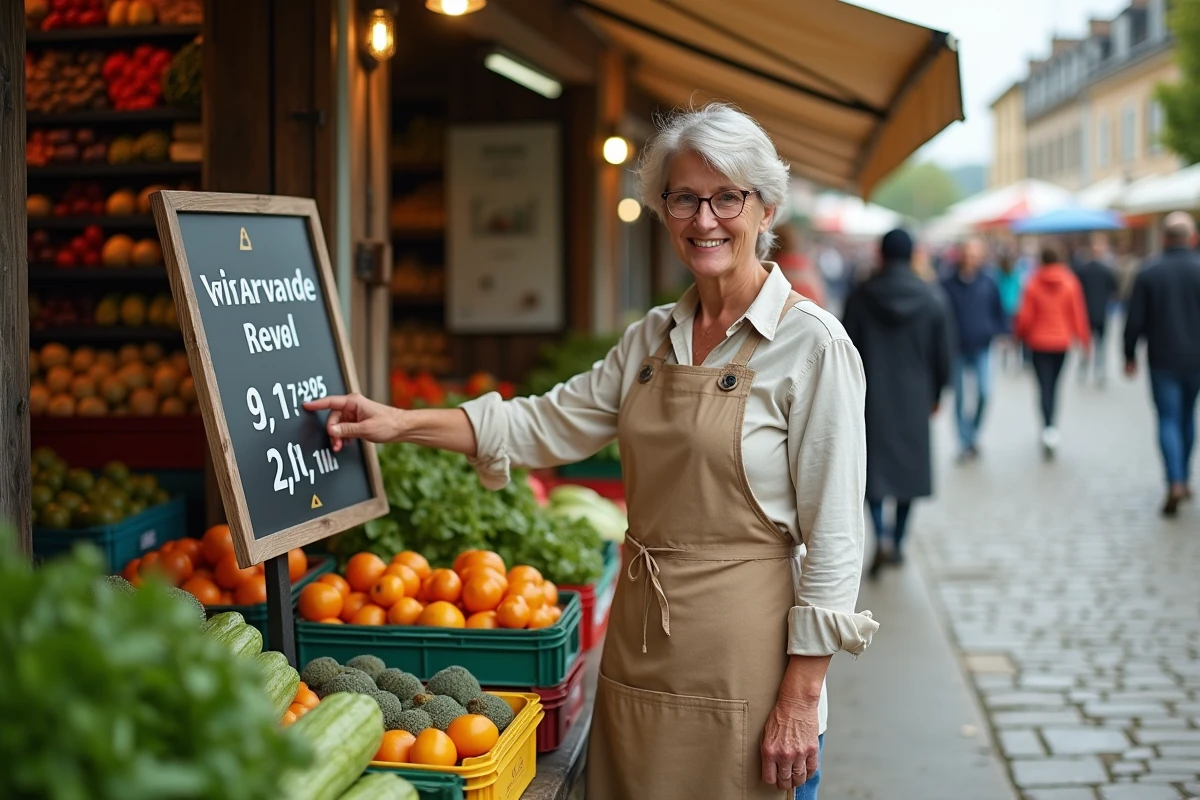 Vendeuse de marché en tablier beige désignant une affiche tarifaire en vinyle bien visible à l'entrée de son étal de légumes