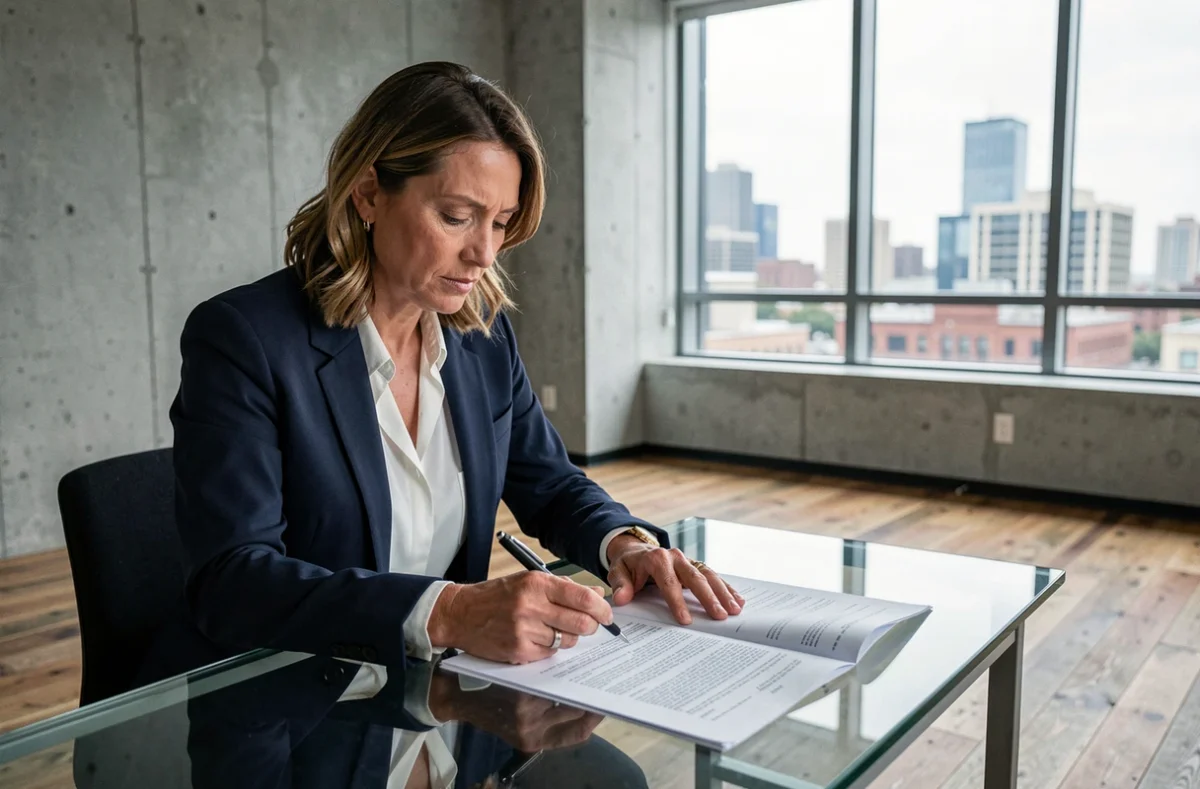 Femme d'affaires examinant attentivement un bail de location de bureau avant signature