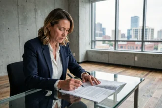 Femme d'affaires examinant attentivement un bail de location de bureau avant signature