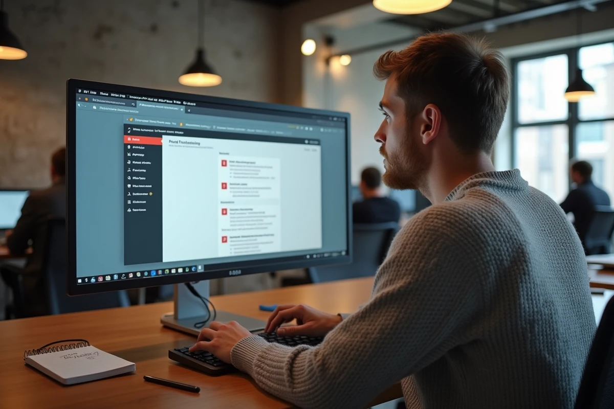 Vue par-dessus l'épaule d'un employé vérifiant les erreurs de connexion sur un portail salarié en ligne