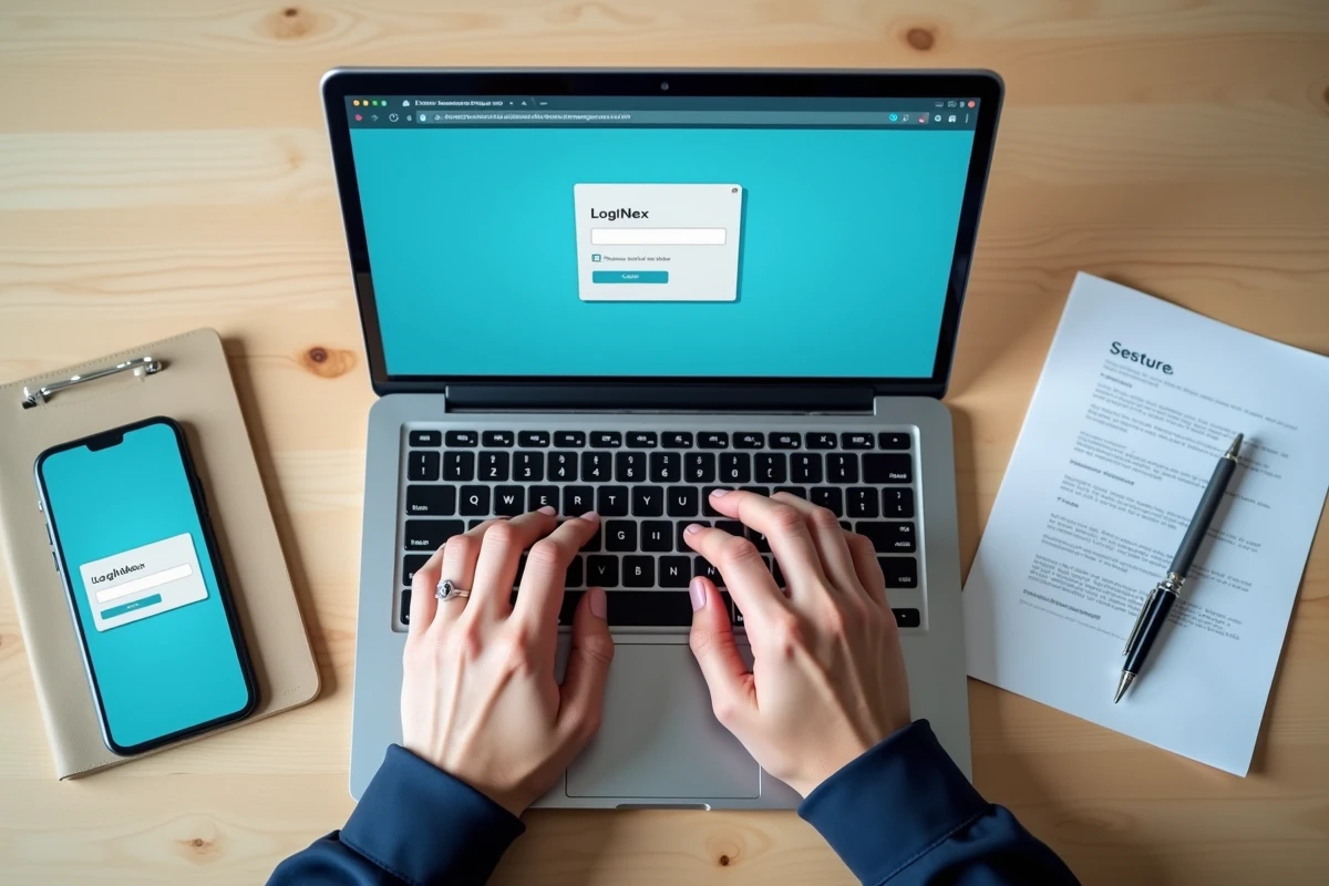 Vue en plongée des mains d'un utilisateur tentant de se connecter à un portail CSE, avec un message d'erreur visible et une authentification à deux facteurs sur smartphone
