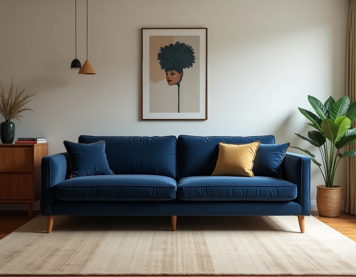 Vue d'ensemble d'un salon décoré avec un canapé trois places SOFFRAN Tapizados en tissu bleu marine aux finitions soignées