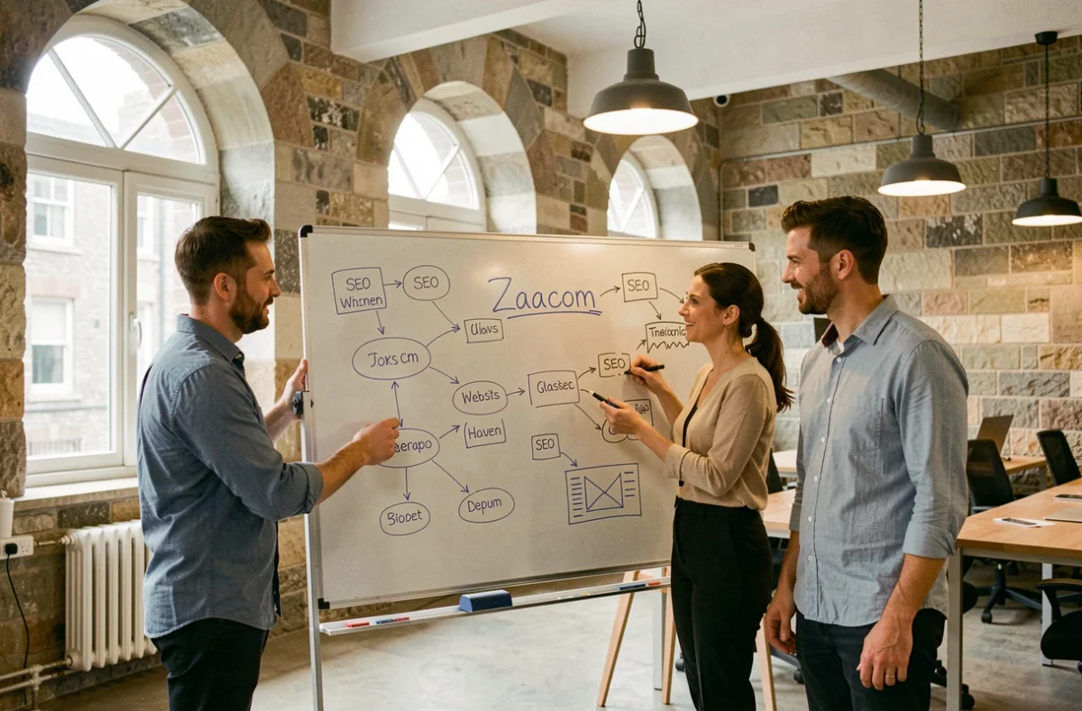 Équipe de l'agence Zaacom réunie devant un tableau blanc couvert de diagrammes de stratégie SEO dans un espace de coworking normand